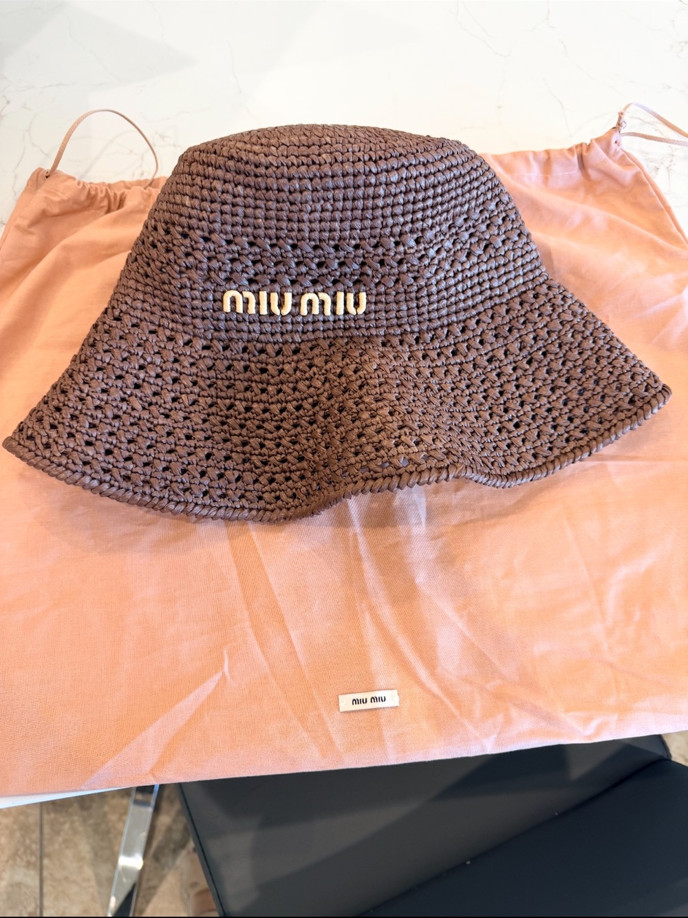 Miu Miu Chocolate Brown Crochet Bucket Hat with Gold Logo